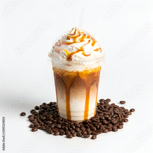 Iced coffee drink with whipped cream and caramel drizzle