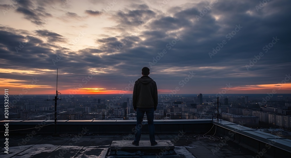 Fototapeta premium Lone figure gazes at urban sprawl under dramatic sunset sky