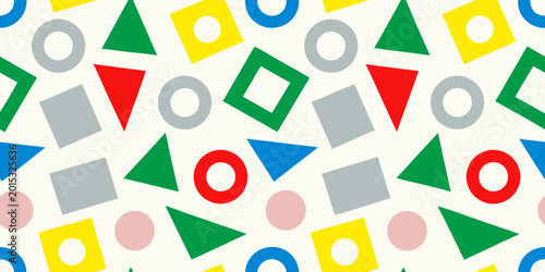 scattered geometric shapes colorful triangles circles and squares pattern