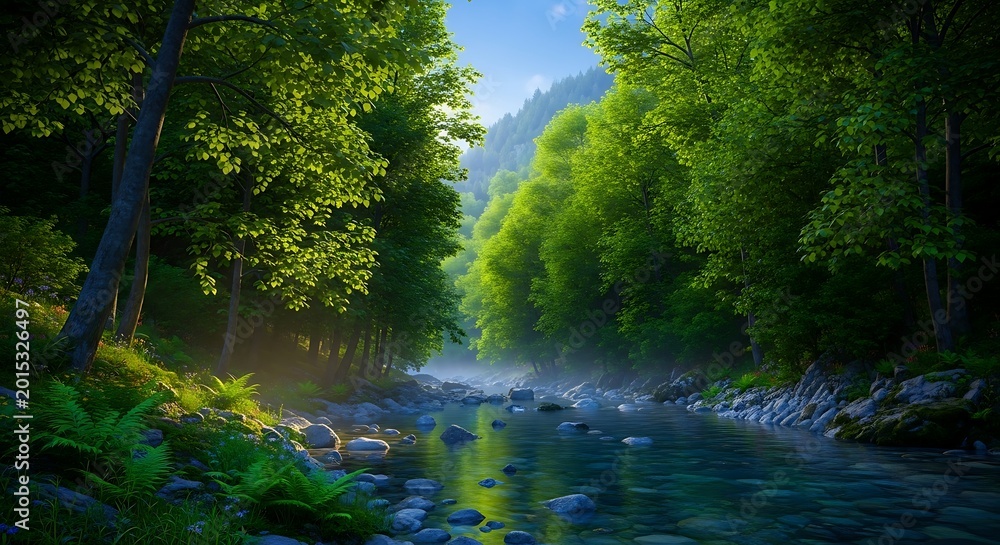 Obraz premium Lush green forest with a winding stream and misty mountains in soft sunlight