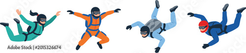 Fotografía Skydiving Adventure Character Collection with Parachute Jumpers in Freefall Pose