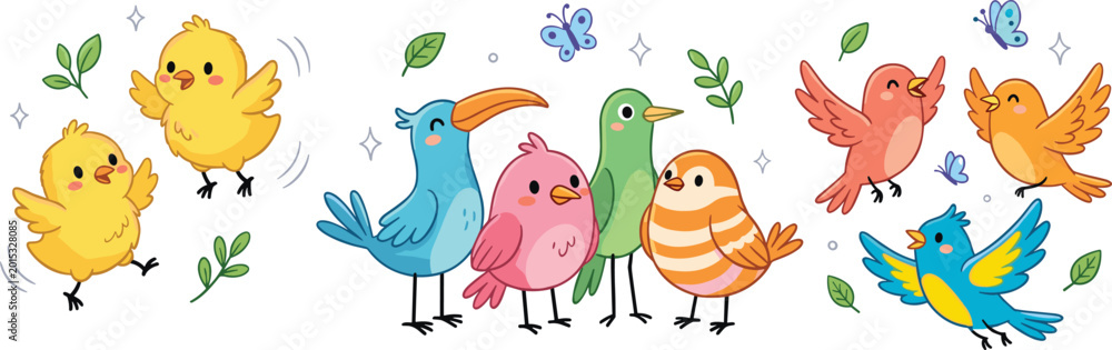 Obraz premium Cute Cartoon Bird Illustration Set with Colorful Baby Chicks, Flying Songbirds, and Adorable Nature Character Designs