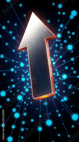 Silver arrow pointing upwards 3d render with blue glowing particle background high quality professional detailed