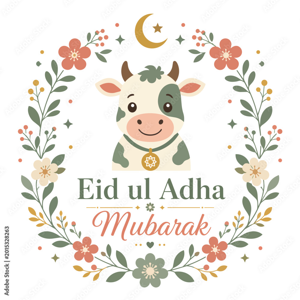 Obraz premium Muslim family celebrating with cow eid ul adha mubarak