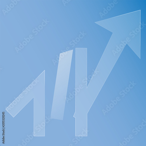 Glass effect three white arrows pointing upwards on a blue background, symbolizing growth and progress in a business or financial context, with a subtle gradient effect morphism