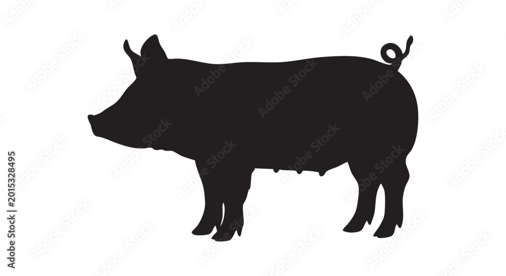Fototapeta premium Pig silhouette side view domestic farm animal hog with curly tail isolated on white background.