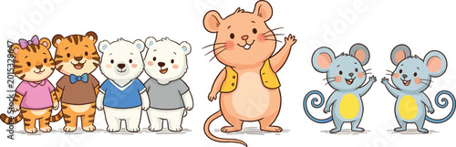Foto Cute Cartoon Mouse, Tiger, and Bear Character Illustration Set with Adorable Ani