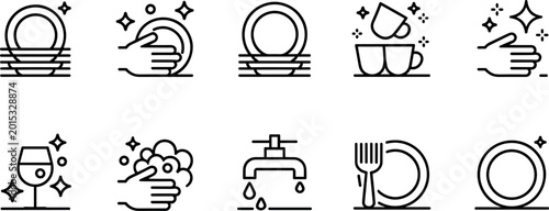 Bild auf Leinwand Cleaning and Dishware Icon Set with Sparkling Plates, Cups, Glasses, and Washing