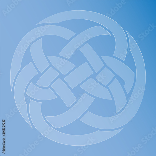 Glass effect celtic knot design on blue gradient background with circular pattern morphism