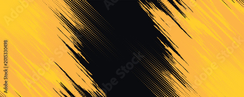 Black and yellow abstract background with brush stroke and halftone style. abstract grunge