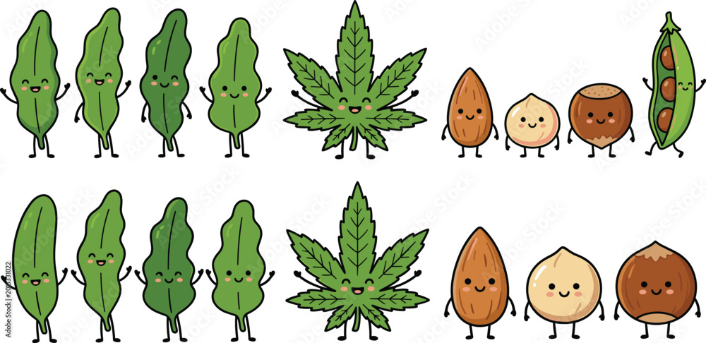 Fototapeta premium Cute Cartoon Leaf and Nut Character Illustration Set with Happy Plant Mascots, Almonds, Hazelnuts, and Pea Pod Designs