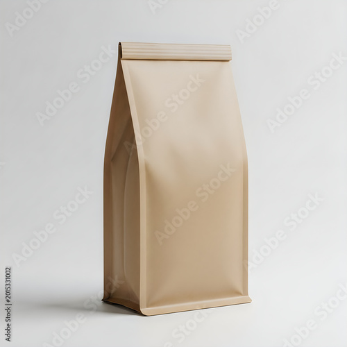 Standing kraft paper bag with flat top closure isolated on white background