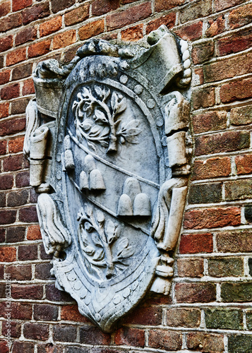 An oval cartouche typical of Italian civic and familial heraldry in Castello Mackenzie (Mackenzie Castle) built 1893, in Genoa, Italy, Europe 