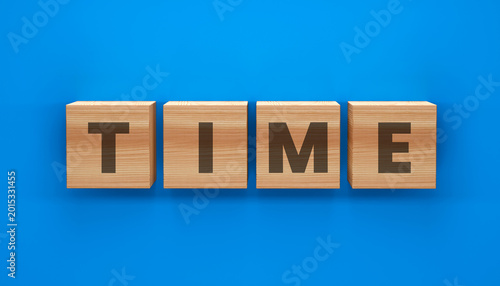Tableau sur toile Wooden Blocks Spell Time: The word TIME is meticulously spelled out using wooden blocks set against a vibrant background, the letters boldly displayed