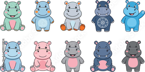 Foto Cute hippopotamus cartoon character vector collection featuring colorful baby hi