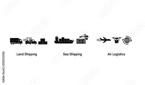 Minimal Industrial Logistics Icon Set with Freight Trucks, Cargo Containers, Air and Sea Transport Silhouettes in Flat Vector Style on White Background