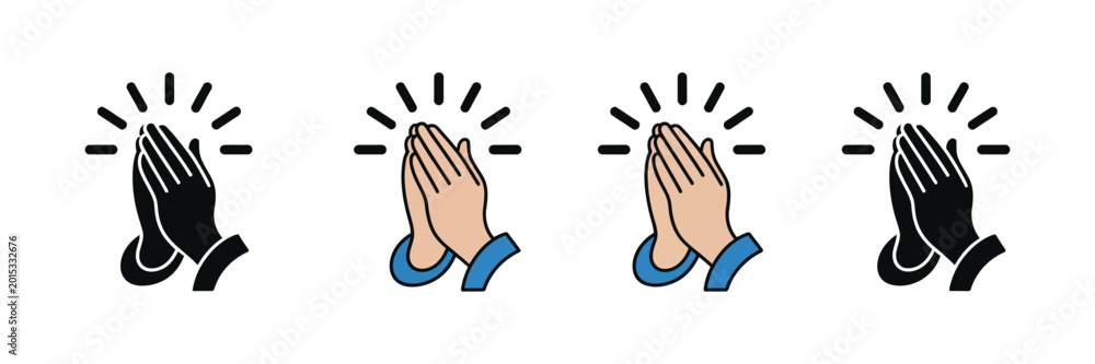 Fototapeta premium Prayer and respect icon set featuring praying hands and spiritual symbols in linear style, vector illustration representing gratitude, devotion and faith.