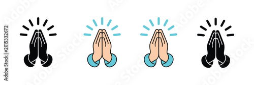 Schilderij op canvas Prayer and respect icon set featuring praying hands and spiritual symbols in linear style, vector illustration representing gratitude, devotion and faith