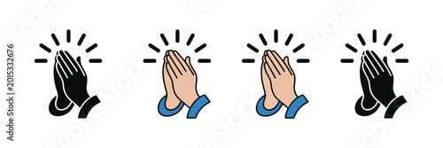 Schilderij op canvas Prayer and respect icon set featuring praying hands and spiritual symbols in linear style, vector illustration representing gratitude, devotion and faith