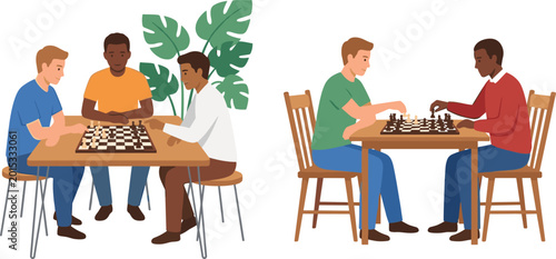 Bild auf Leinwand People Playing Chess Illustration Set with Strategic Board Game Competition, Int