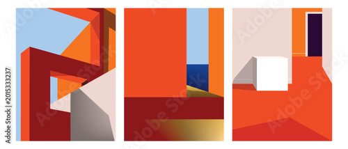 Abstract colorful geometric, contruction, composition, architectural shapes, shadows, and minimalist modern art style illustration vector design.