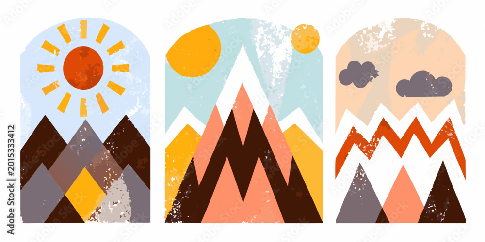 Obraz premium geometric mountain scenes with sun and clouds vector illustration