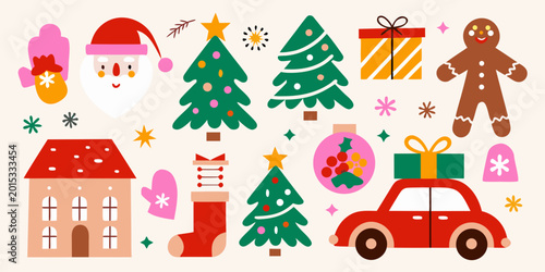 christmas illustrations with santa claus trees and gingerbread