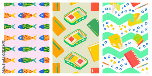 Cuadro en lienzo Colorful repeating patterns featuring fish sardines and school supplies