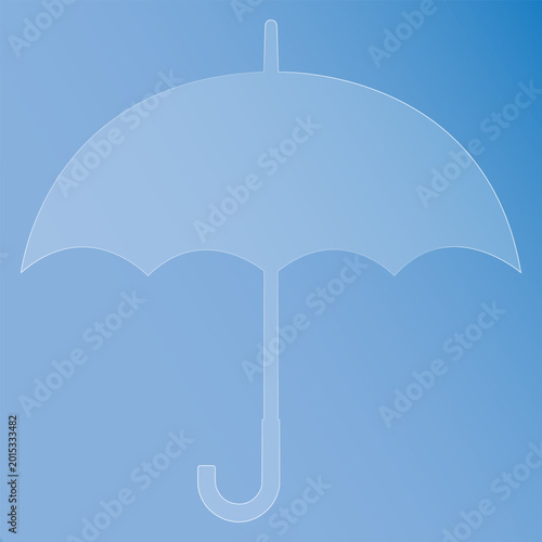 Glass effect a transparent blue umbrella on a gradient blue background with a white outline, symbolizing protection and weather morphism