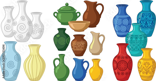 Fotografie Decorative Ceramic Vase Collection Illustration Set with Colorful Pottery, Tradi