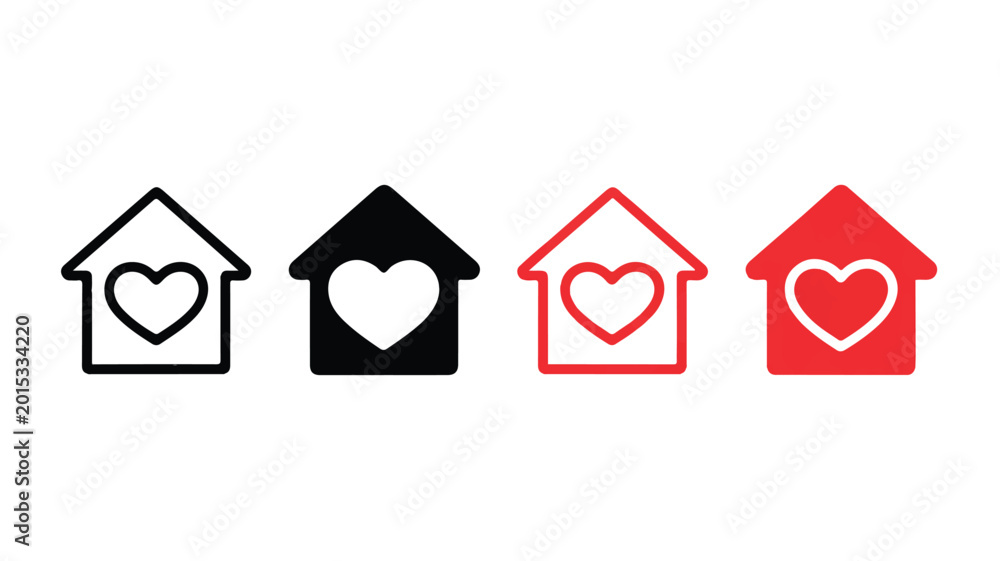 Fototapeta premium Four minimalist house icons with heart symbols in a row on a white background