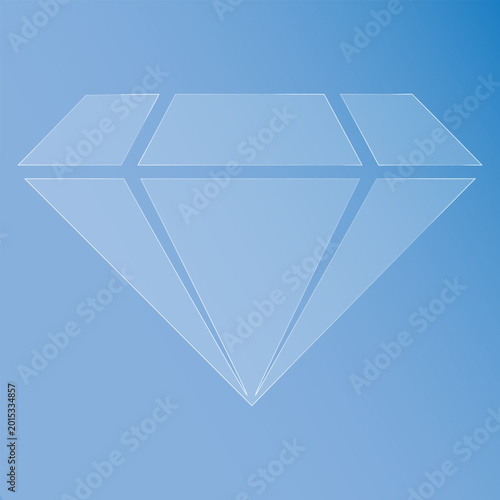 Glass effect a transparent diamond shape with white outline on a blue gradient background, symbolizing luxury and elegance in a simple vector graphic design morphism