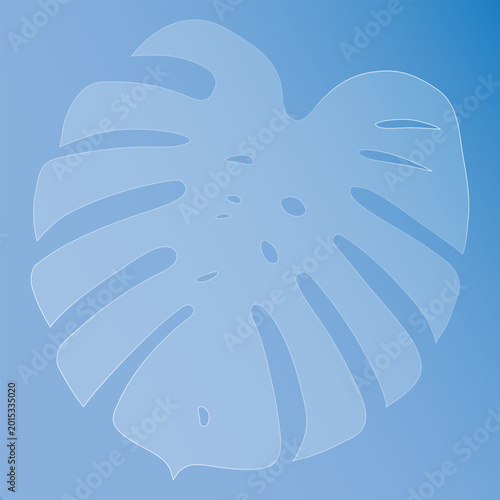 Glass effect a large light blue monstera leaf with holes and tears on a gradient blue background morphism