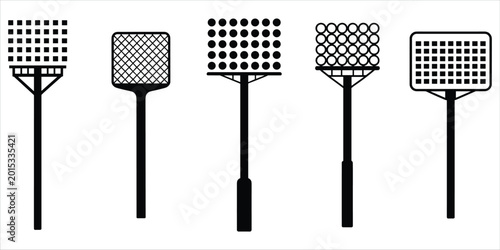 Foto Five black silhouette icons of different types of fly swatters or bug zappers in