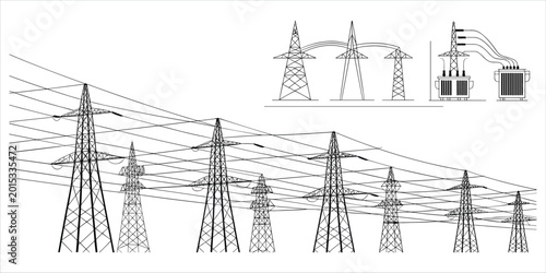 Billede på lærred Overhead power lines stretching between numerous transmission towers with inset