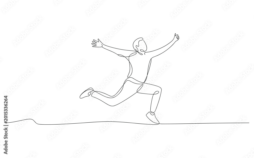 Fototapeta premium Man jumping and celebrating with arms outstretched single line drawing isolated on white