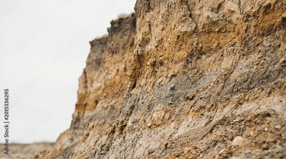Naklejka premium Earthy cliff face showing sedimentary rock layers and soil texture