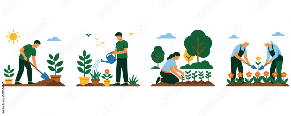 Fototapeta premium People gardening outdoor in sunny day planting and watering small flowers.