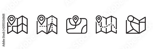 Fotografie Set of minimalist map icons with navigation and route lines.
