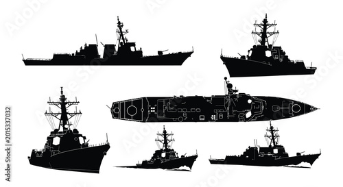 Tableau sur toile Warship silhouettes black vector illustrations on a white background