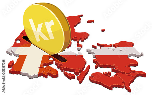 Illustration representing Denmark's financial growth, domestic investment, and banking system showing a Krone coin entering a map-shaped piggy bank. (cut out)