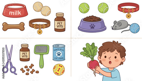Εκτύπωση καμβά Pet Care Accessories and Healthy Food Elements Cartoon Vector Illustration Colle