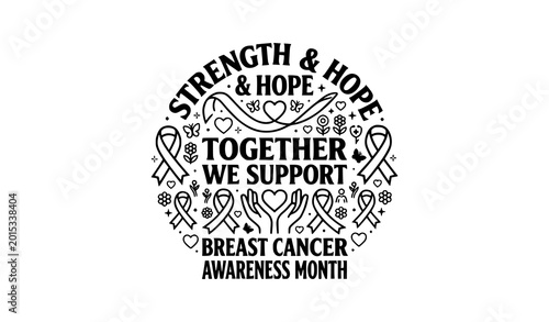 Foto Breast Cancer Awareness Month poster vector with supportive ribbon heart and mot