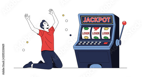 Man expressing extreme frustration while kneeling beside a casino slot machine that displays a losing outcome in a gambling hall.