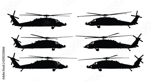 Fotografia Helicopter silhouettes and line drawings on a white background