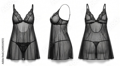 black sheer lingerie chemise front side back views studio product fashion underwear