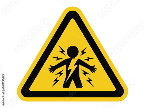 Electrical hazard warning sign with a person being electrocuted on a yellow background