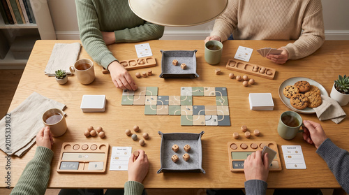 Several people are gathered around a table, enjoying a board game. They have cups, snacks, and cards on the table. The scene takes place indoors, with a warm atmosphere and a focus on the game.