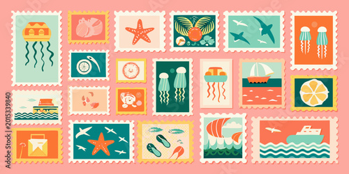 Obraz na płótnie Collection of vintage travel stamps with tropical and marine life