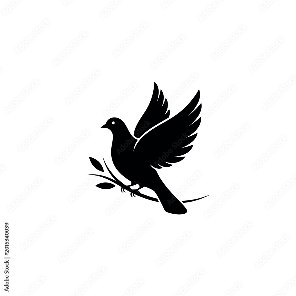 Fototapeta premium Black silhouette of a dove perched on a branch.